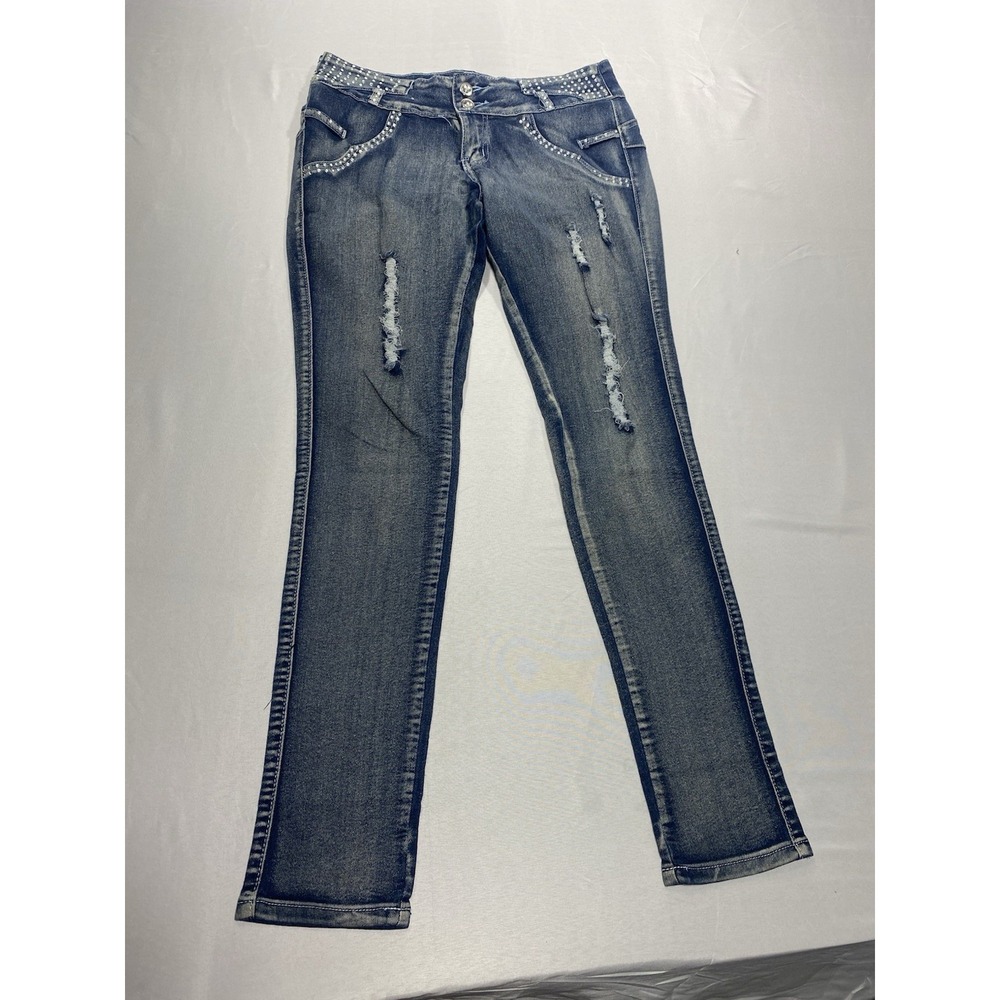Distressed Rhinestone Y2K J&P Fashion Denim Jeans Womens Juniors Size 5 31x29